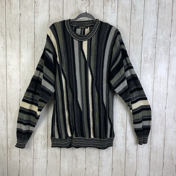 Vtg Bachrach Sweater Men’s L Black Gray Striped Textured Biggie Cosby 90s USA - Picture 1 of 9